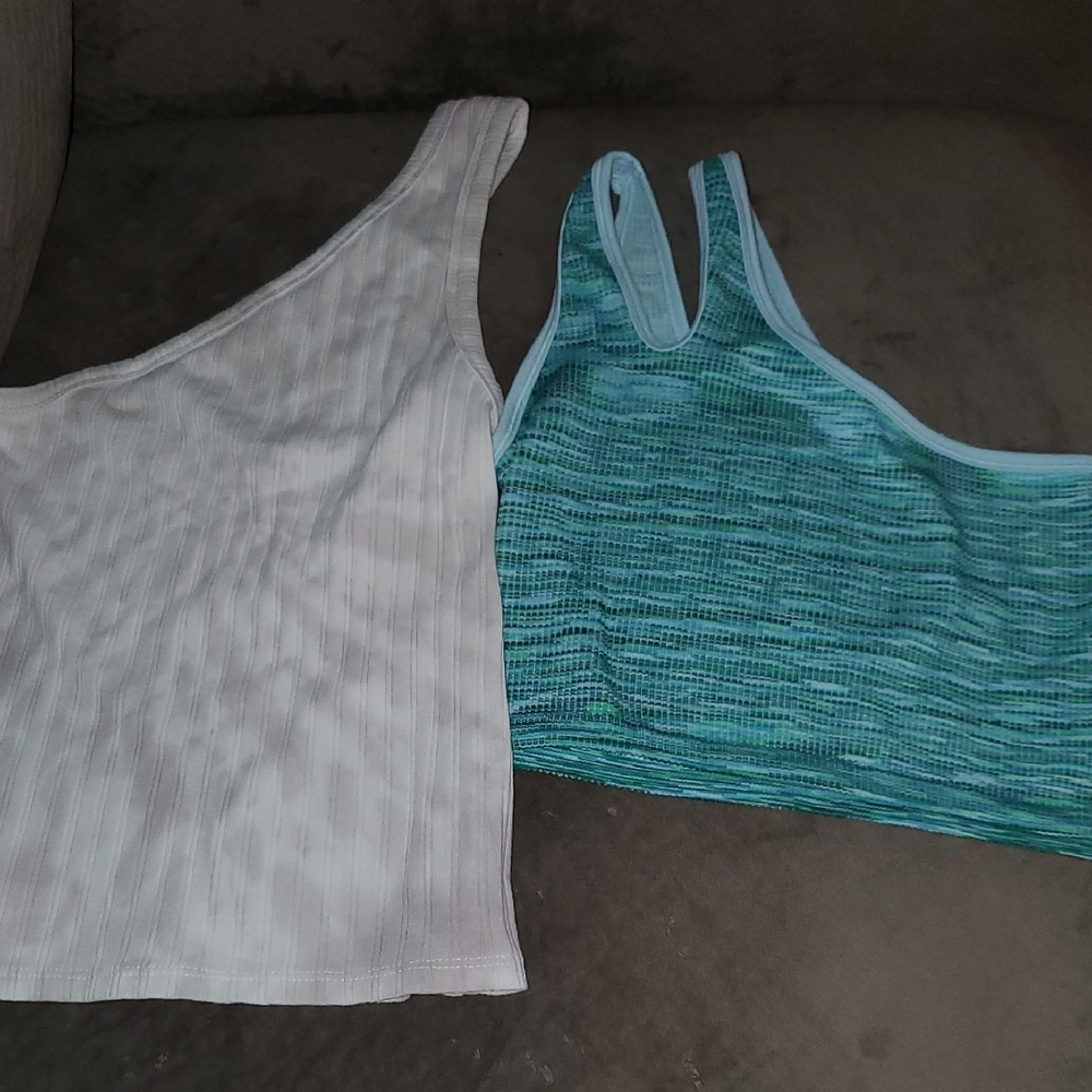 American Eagle Outfitters Asymmetrical White and Blue Sleeveless Tank Tops